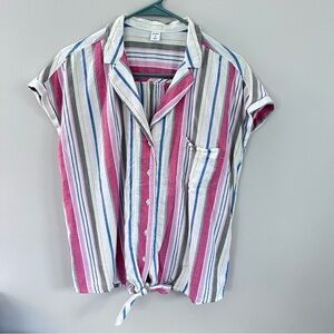 Old Navy vertical striped button down tie front top size medium